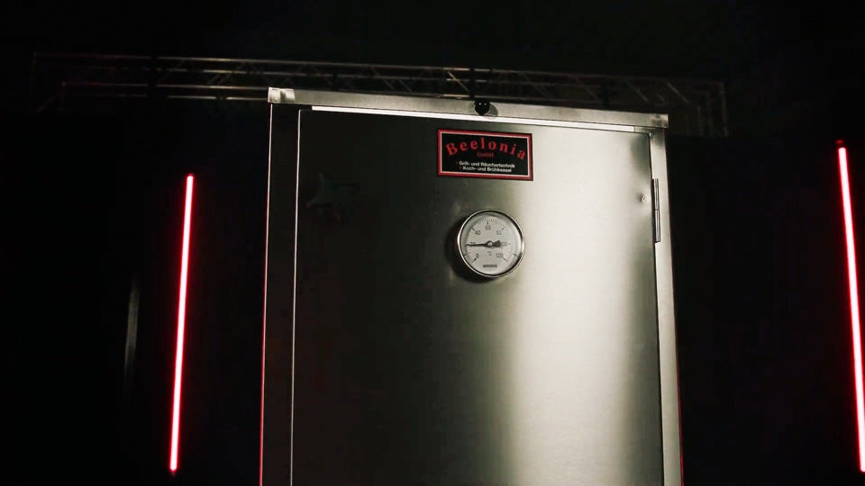 Beelonia-Räucherschrank aus Edelstahl mit Markenschild und Thermometer